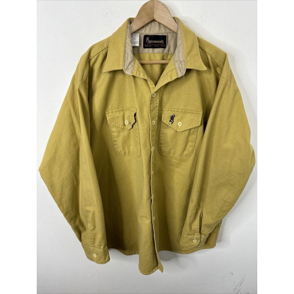VINTAGE Browning Long Sleeve Button Heavy Shirt Men's 2XL Tan‎ 80s Made in USA